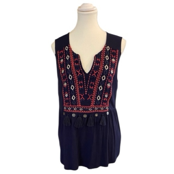Tribal Jeans M Navy Embroidered Sleeveless Top Tassels Boho Peplum Tank - Picture 2 of 8